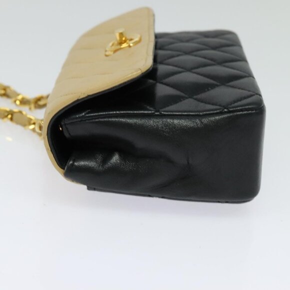 CHANEL Matelasse Chain Shoulder Bag Lamb Skin Beige Gold black CC Auth PP908 - Picture 4 of 16
